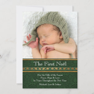 Cartes Pour Fêtes Annuelles Gold Green Damask Baby First Christmas Card