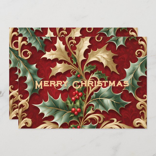 Cartes Pour Fêtes Annuelles Gold Green Feuilles Red Christmas Holiday Card (Devant / Derrière)
