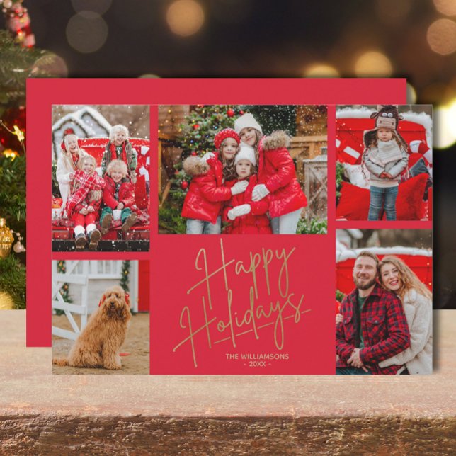 Cartes Pour Fêtes Annuelles Gold Happy Holidays Cinq photos Rouge (Gold Happy Holidays five photos on red flat greeting cards)