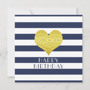 Cartes Pour Fêtes Annuelles Gold Heart Blue Stripes Joyeux anniversaire