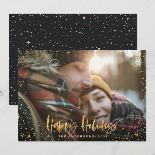 Cartes Pour Fêtes Annuelles Gold heureux vacances 1 photo moderne noir Noël (Devant / Derrière)