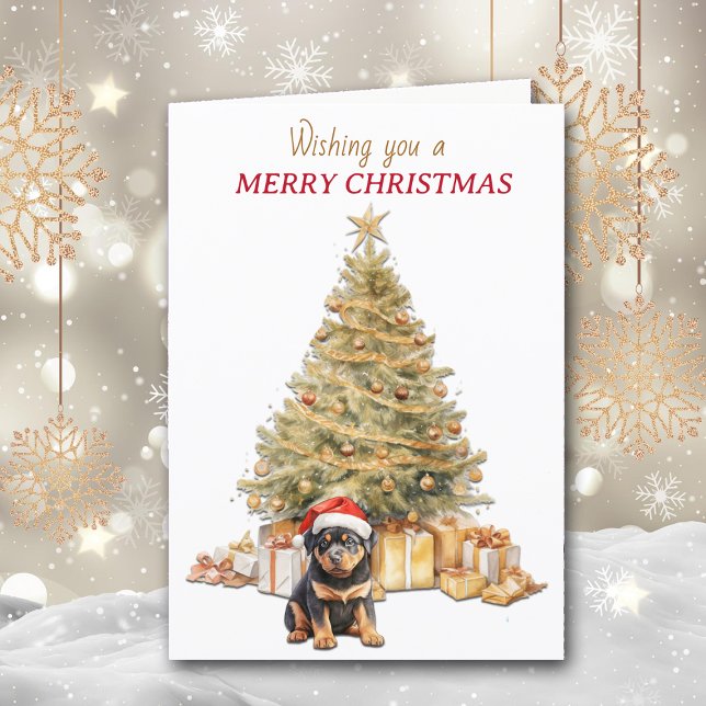 Cartes Pour Fêtes Annuelles Gold Holiday Tree Rottweiler Puppy Christmas Card (Créateur téléchargé)