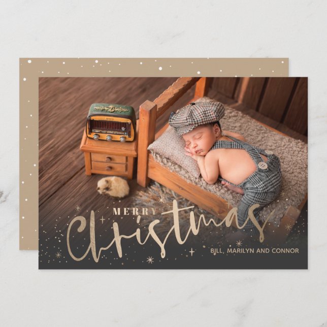 Cartes Pour Fêtes Annuelles Gold Joyeux Noël Photo Annonces de naissance (Devant / Derrière)