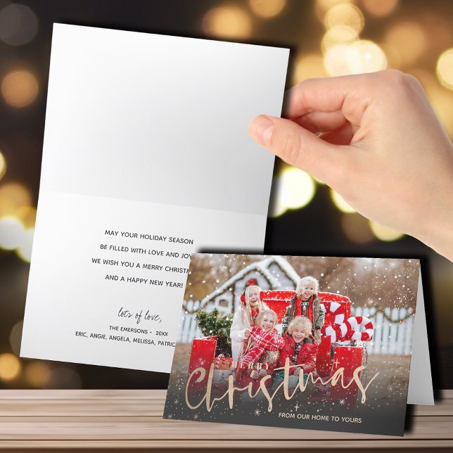 Cartes Pour Fêtes Annuelles Gold Joyeux Noël Plié Photo (Gold Merry Christmas script folded photo holiday cards)