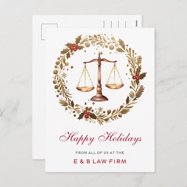 Cartes Pour Fêtes Annuelles Gold Justice Scale Holly Wreath Lawyer Christmas (Devant / Derrière)