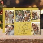 Cartes Pour Fêtes Annuelles Gold Merry Christmas Five Photos Holiday Card<br><div class="desc">Multi photo Christmas holiday cards feature your names and the words Merry Christmas in chic gold lettering on a yellow gold background. Just upload your favorite family photos and add your family personalization on the back. Select Matte for heaviest paper and High Definition for best photo quality.</div>