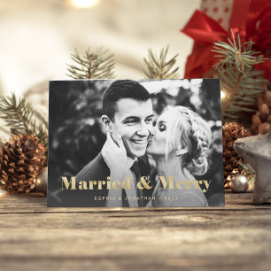 Cartes Pour Fêtes Annuelles Gold Modern Texte Deux photos   Marié et Joyeux