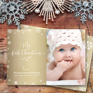Cartes Pour Fêtes Annuelles Gold My First Christmas Baby Photo Snowflakes Chic