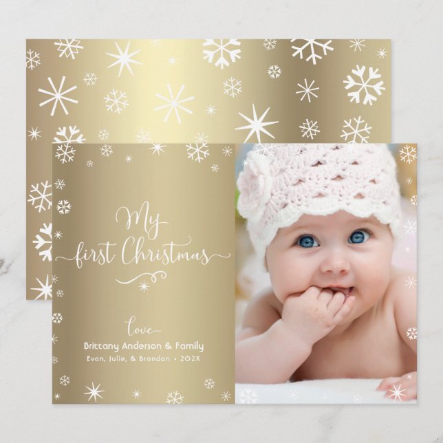 Cartes Pour Fêtes Annuelles Gold My First Christmas Baby Photo Snowflakes Chic (Devant / Derrière)