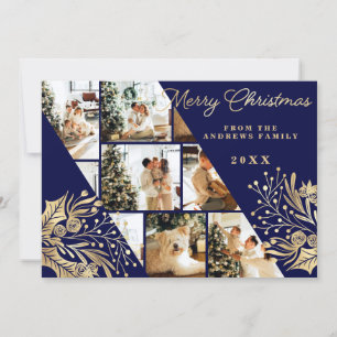 Cartes Pour Fêtes Annuelles Gold Navy Joyeux Noël Floral Photo Collage