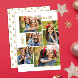 Cartes Pour Fêtes Annuelles Gold Peace Joy Love 5 Photo Collage Noël<br><div class="desc">Cette carte de Noël cinq collage photo élégante présente la lecture de typographie moderne,  PEACE,  JOY,  et LOVE en fausse feuille d'or. Le dos de la carte contient un faux feutre assorti arbres de Noël motif sur un arrière - plan de couleur personnalisé (en blanc).</div>