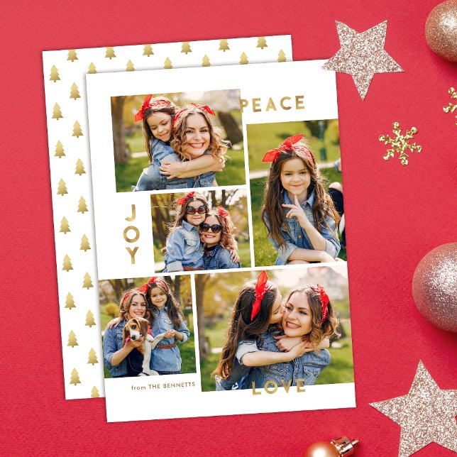 Cartes Pour Fêtes Annuelles Gold Peace Joy Love 5 Photo Collage Noël (Créateur téléchargé)