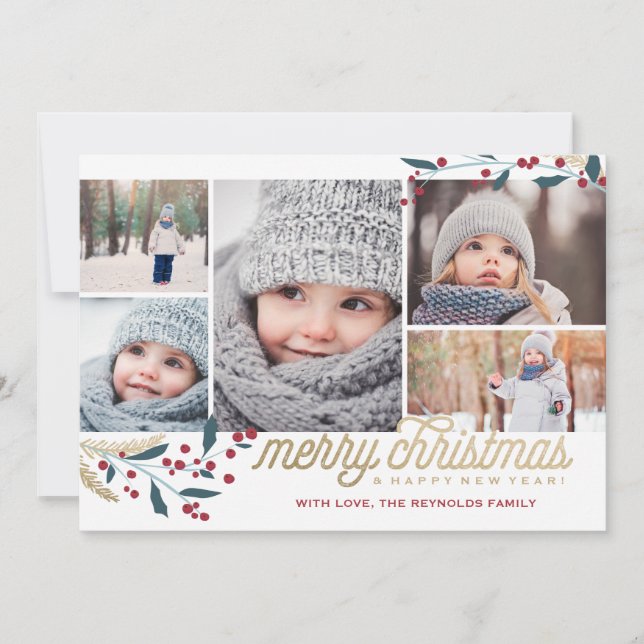 Cartes Pour Fêtes Annuelles Gold Red Berries 5 Photo Collage | Joyeux Noël (Devant)