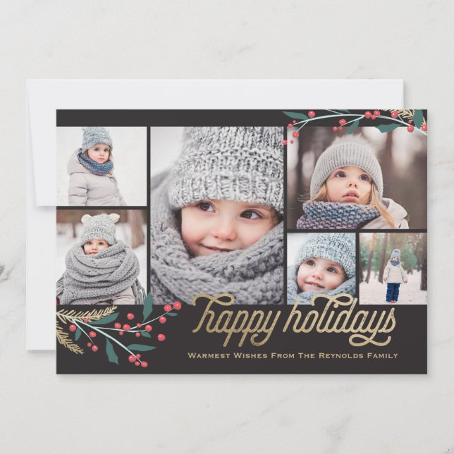 Cartes Pour Fêtes Annuelles Gold Red Berries 6 Photo Collage | Joyeuses fêtes (Devant)