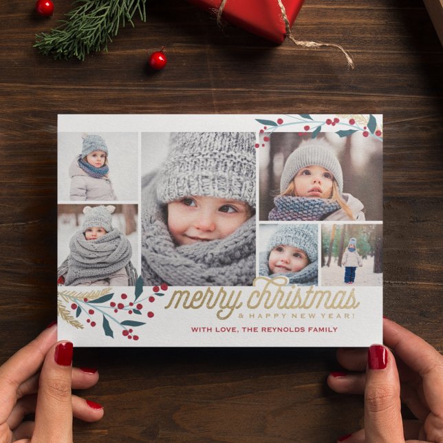 Cartes Pour Fêtes Annuelles Gold Red Berries 6 Photo Collage | Joyeux Noël (Créateur téléchargé)