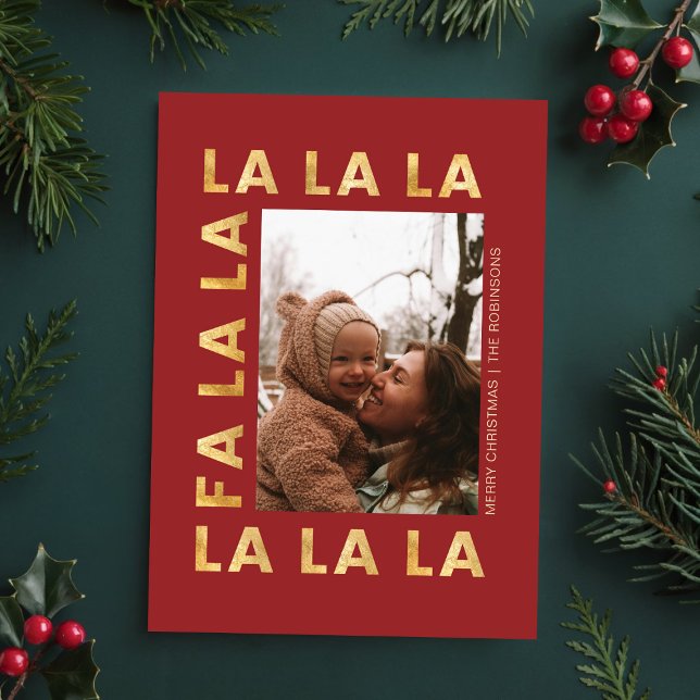 Cartes Pour Fêtes Annuelles Gold & Red Fa la la Festive Family Christmas Photo (Créateur téléchargé)