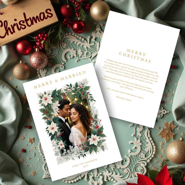 Cartes Pour Fêtes Annuelles Gold Romantic Christmas Botanical Frame Photo (Gold Romantic Christmas Botanical Frame Holiday Cards with Photo for First Christmas.)