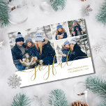 Cartes Pour Fêtes Annuelles Gold Script Joyeux 4 Photo Christmas Holiday Card<br><div class="desc">Une carte de vacances photo élégante avec vos 4 photos préférées spéciales et votre nom de famille et date ensemble dans la typographie moderne classique sur un script chic message de joie. Conçu par Thisisnotme©</div>