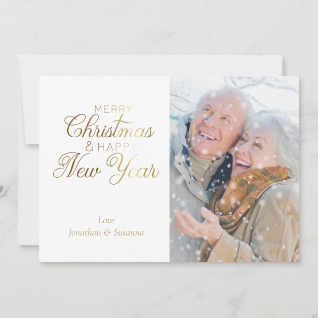 Cartes Pour Fêtes Annuelles Gold Script Joyeux Noël et Bonne Année Photo (Devant)