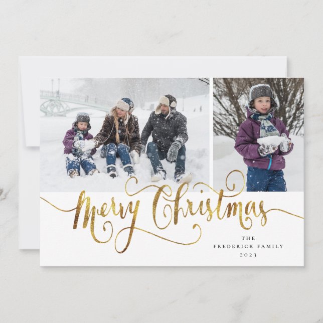 Cartes Pour Fêtes Annuelles Gold Script Merry Christmas Tartan Photo Card (Devant)