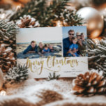 Cartes Pour Fêtes Annuelles Gold Script Merry Christmas Tartan Photo Card<br><div class="desc">Gold Script "Merry Christmas" en faux glitter with red tartan pattern backing,  2 photo Christmas card.</div>
