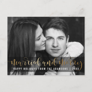 Cartes Pour Fêtes Annuelles Gold Script photo de vacances nouvellement mariée