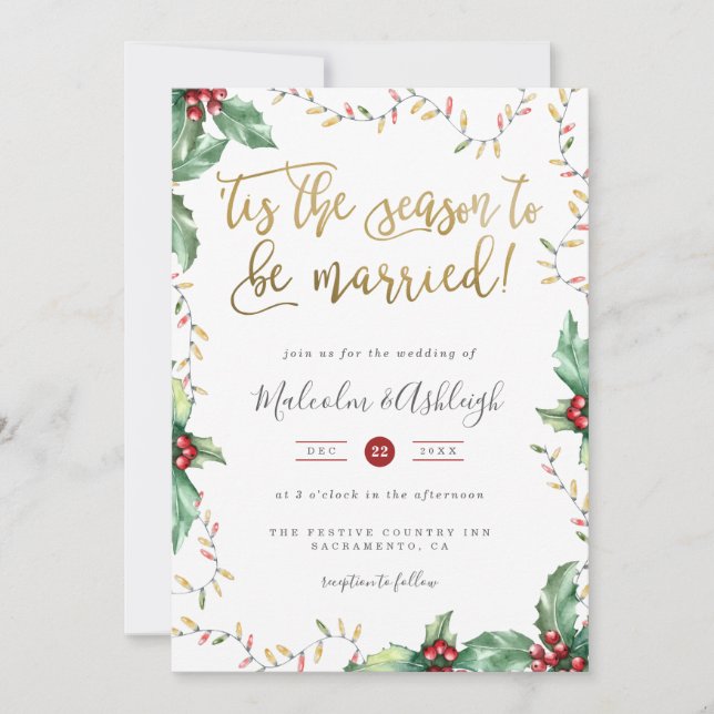 Cartes Pour Fêtes Annuelles Gold Script 'Tis Season Christmas Mariage (Devant)