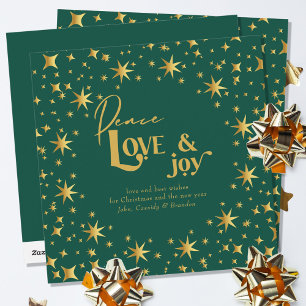 Cartes Pour Fêtes Annuelles Gold Stars Peace Love and Joy Simple Elegant Green