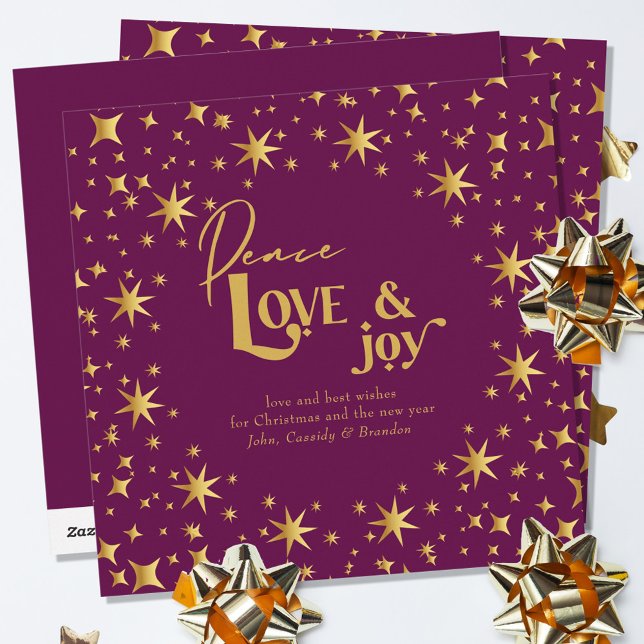 Cartes Pour Fêtes Annuelles Gold Stars Peace Love and Joy Simple Elegant Plum (Créateur téléchargé)