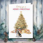 Cartes Pour Fêtes Annuelles Gold Tree Beagle Puppy Christmas Card<br><div class="desc">Sur le devant de cette carte de Noël, un adorable chiot Beagle porte un chapeau de Père Noël rouge et blanc et s'assoit devant un arbre de Noël. L'arbre est décoré d'or, et les paquets cadeaux correspondants sont sous lui. Le texte en or et en rouge dit "Je vous souhaite...</div>