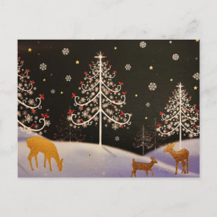 Cartes Pour Fêtes Annuelles Gold Vintage Deer Family dans la forêt de Noël de 