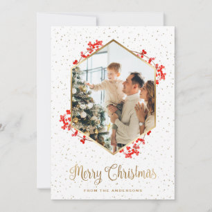 Cartes Pour Fêtes Annuelles Gold Watercolor Red Berries Photo Noël