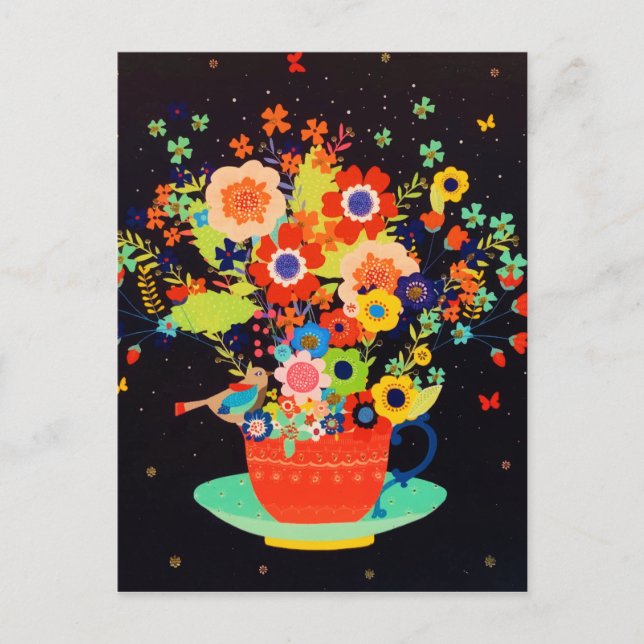 Cartes Pour Fêtes Annuelles Gold Whimsical Teacup Floral Bird Parties scintill (Devant)