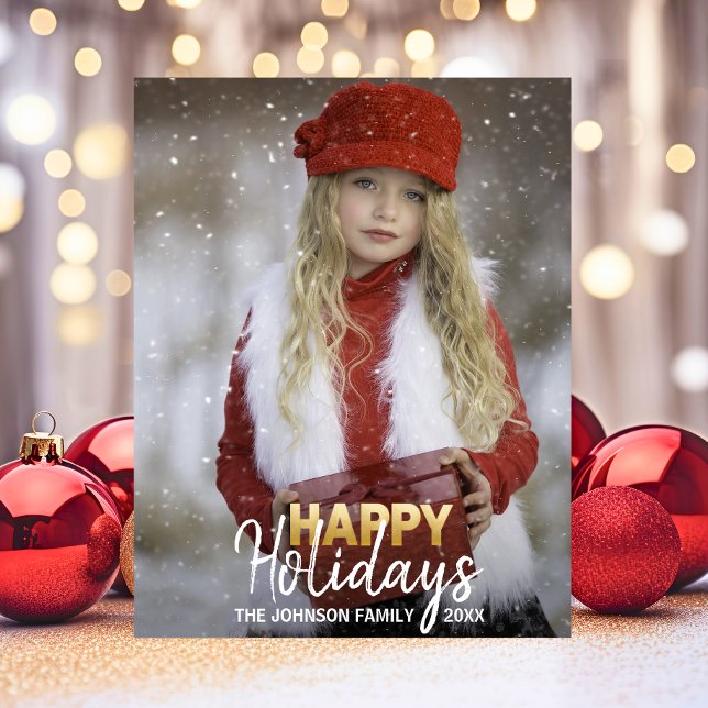 Cartes Pour Fêtes Annuelles Gold White Noël Joyeux vacances Famille | PHOTO (Gold White Christmas Happy Holidays Family | PHOTO Holiday Postcard)