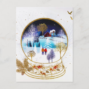 Cartes Pour Fêtes Annuelles Gold Winter Eve Couple Snowglobe Forest Accueil