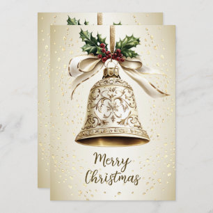 Cartes Pour Fêtes Annuelles Golden Christmas Bell Shiny Stars Green Feuilles