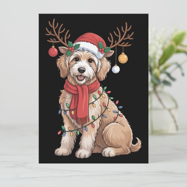 Cartes Pour Fêtes Annuelles Golden Doodle Magnifique Renne Arbre de Noël  (Debout devant)