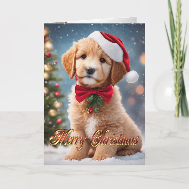 Cartes Pour Fêtes Annuelles Golden Doodle Noël chiot saluant (Devant)