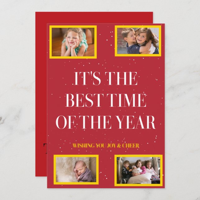 Cartes Pour Fêtes Annuelles Golden Frame Snowy Red Christmas Cheer (Devant / Derrière)