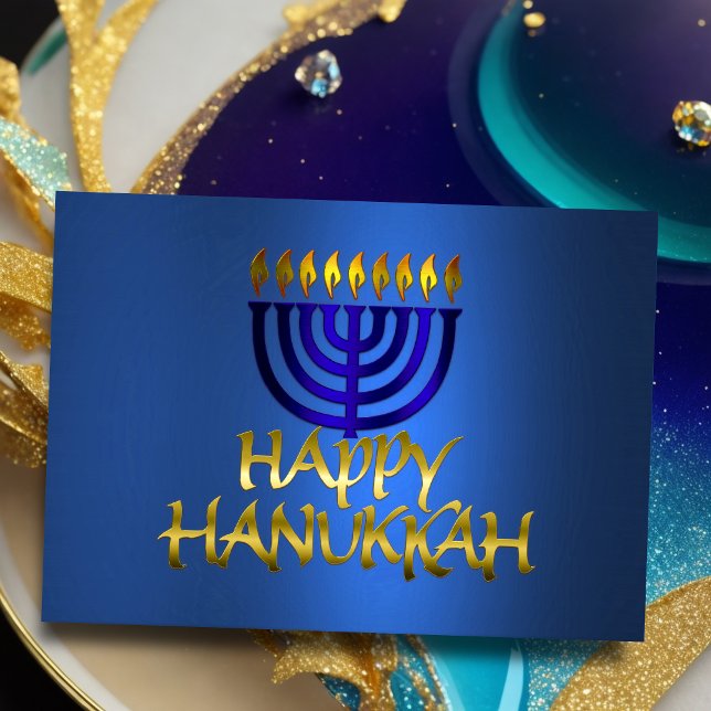 Cartes Pour Fêtes Annuelles Golden Menorah Flames Happy Hanoukka sur Blue (Créateur téléchargé)