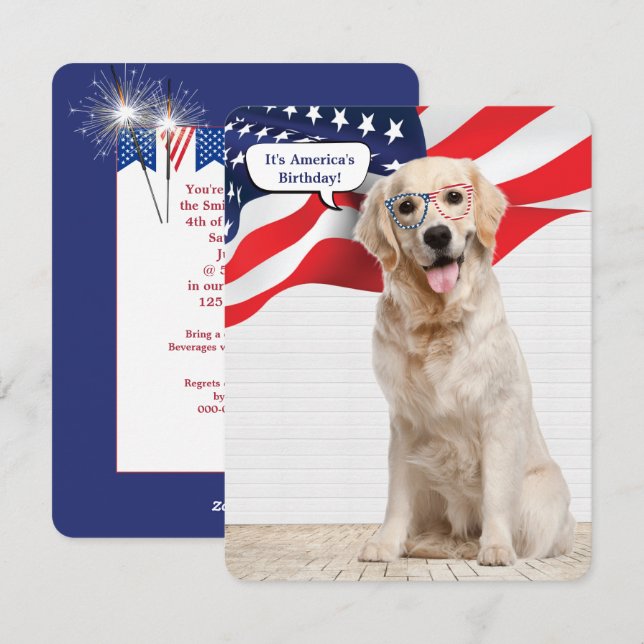 Cartes Pour Fêtes Annuelles Golden Retriever 4 juillet Party Holiday Card (Devant / Derrière)