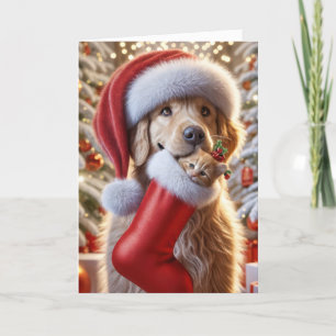 Cartes Pour Fêtes Annuelles Golden Retriever avec un chaton dans une prise