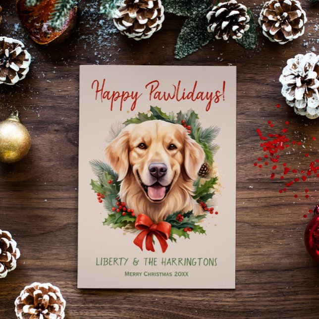 Cartes Pour Fêtes Annuelles Golden Retriever Chien Noël Joyeux Pawlidays (Créateur téléchargé)