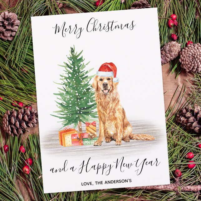 Cartes Pour Fêtes Annuelles Golden Retriever Chien Père Noël Tree Joyeux Noël (Créateur téléchargé)