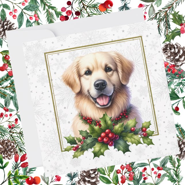 Cartes Pour Fêtes Annuelles Golden Retriever Christmas Holly Snowflakes (Créateur téléchargé)