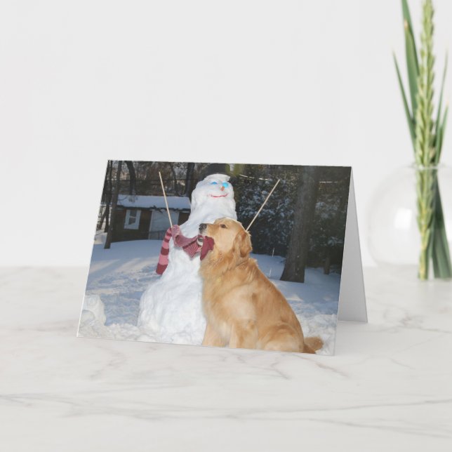 Cartes Pour Fêtes Annuelles Golden Retriever construisant un bonhomme de neige (Devant)