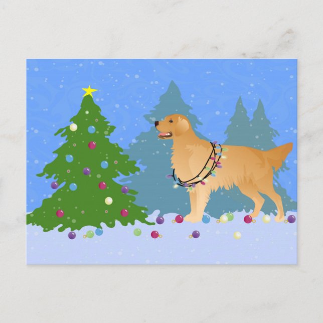 Cartes Pour Fêtes Annuelles Golden Retriever Decorating Christmas Tree (Devant)