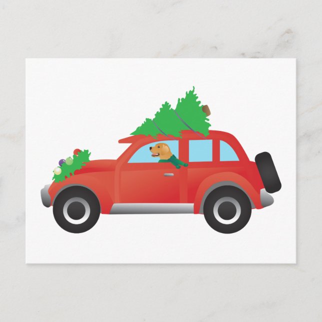 Cartes Pour Fêtes Annuelles Golden Retriever Driving car with Christmas tree (Devant)