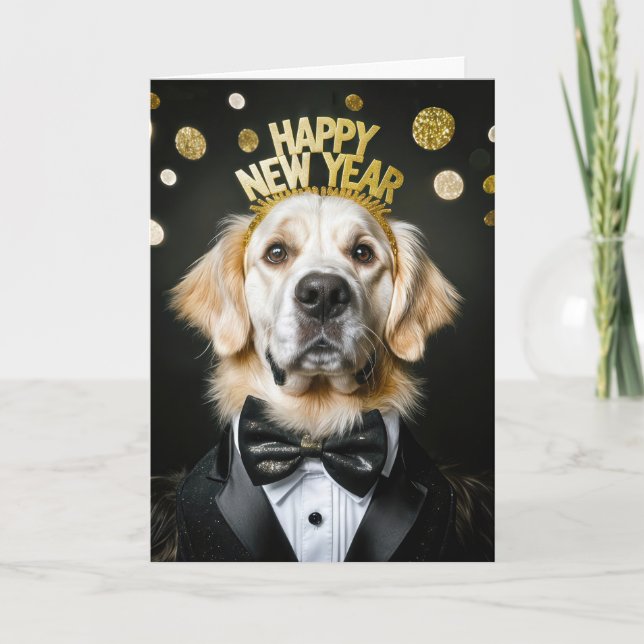 Cartes Pour Fêtes Annuelles Golden Retriever en Smoking Nouvel An (Devant)
