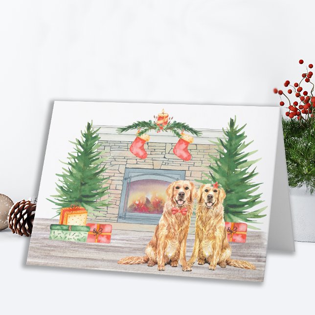 Cartes Pour Fêtes Annuelles Golden Retriever mignon chien de Noël cheminée (Créateur téléchargé)